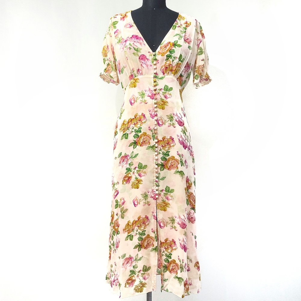 The Kooples Antique Florals Silk Puff Sleeve Slip Midi Dress - Picture 3 of 13